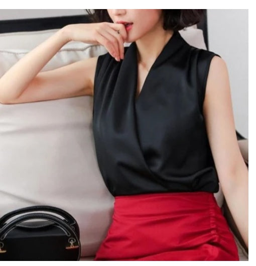 Shot Summer Style V-neck Satin Sleeveless Chiffon Top