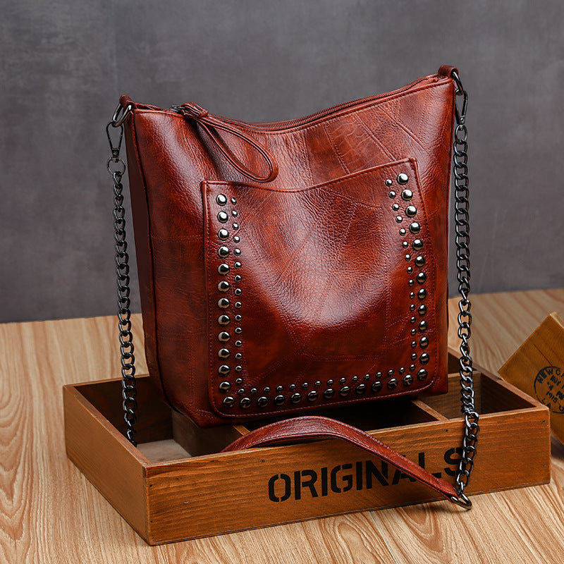 Leather Studded Large Capacity Shoulder Crossbody Bag