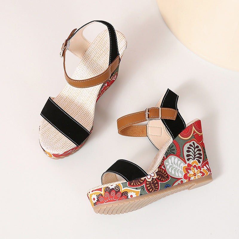 Fashion Flowers Embroidered High Wedge Sandals For Women Summer Toe Platform Buckle Shoes - Treasure Supply