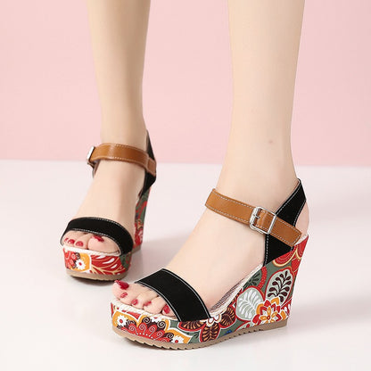 Fashion Flowers Embroidered High Wedge Sandals For Women Summer Toe Platform Buckle Shoes - Treasure Supply