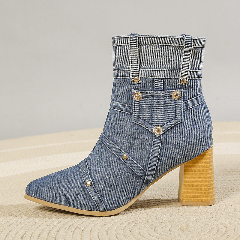 Denim Pointed Toe Chunky Heel Martin Boots Women - treasure supply