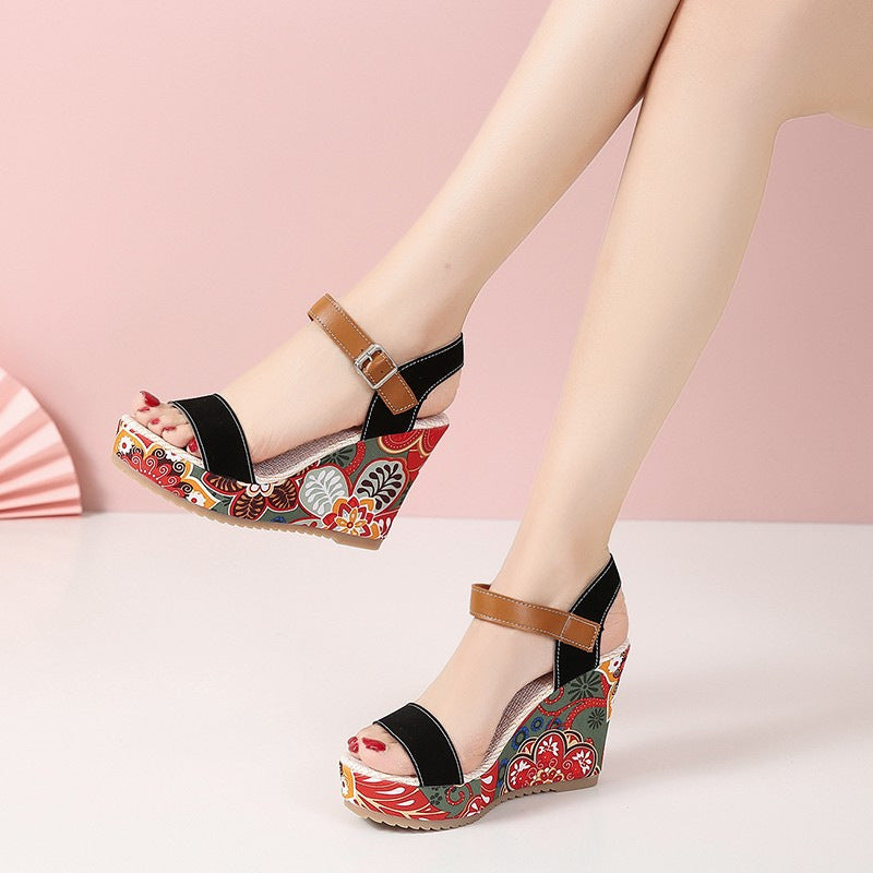 Fashion Flowers Embroidered High Wedge Sandals