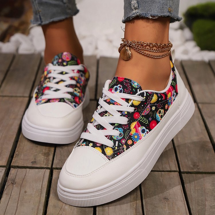 Halloween Skull Print Lace-up Canvas Women Shoes