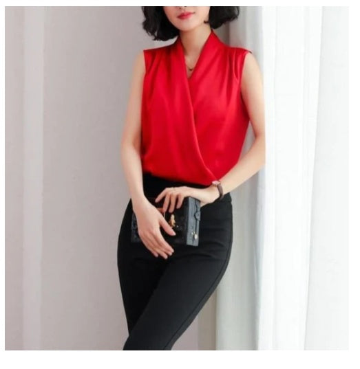 Shot Summer Style V-neck Satin Sleeveless Chiffon Top