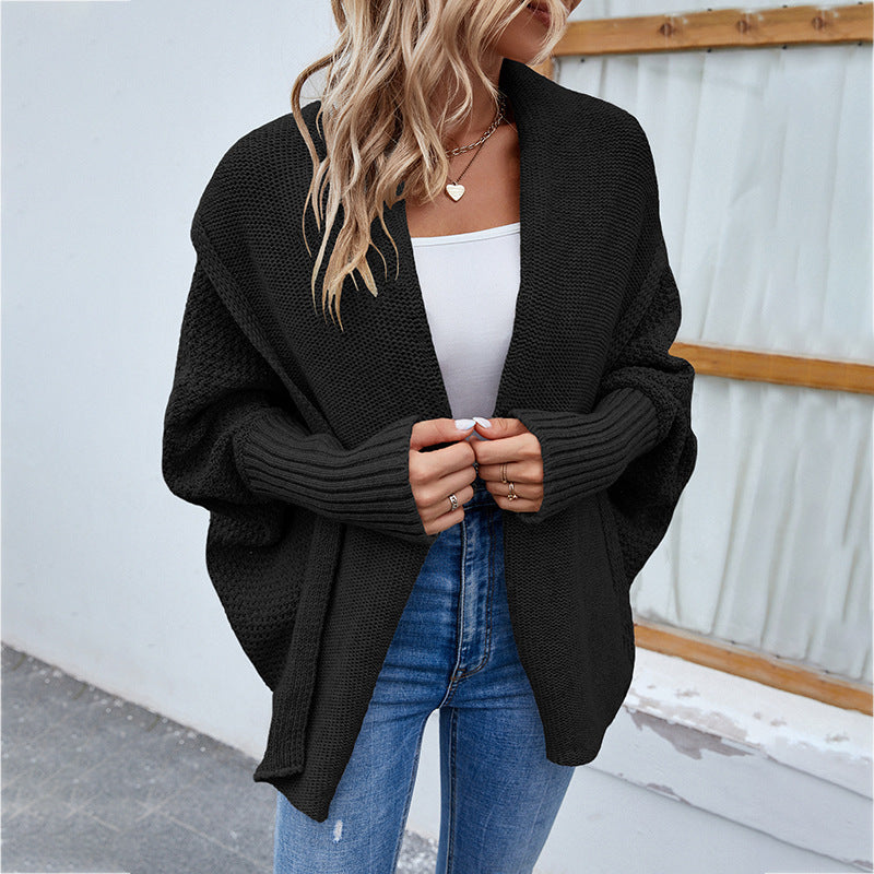 Solid Color Bat Sleeve Large Lapel Cardigan Sweater - treasure supply